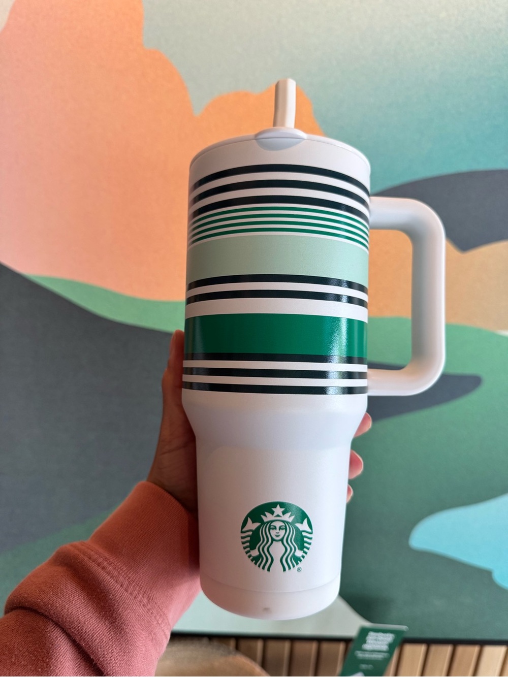 Starbucks White Tumbler with Green and Mint Stripe Accents 2026 road trip series